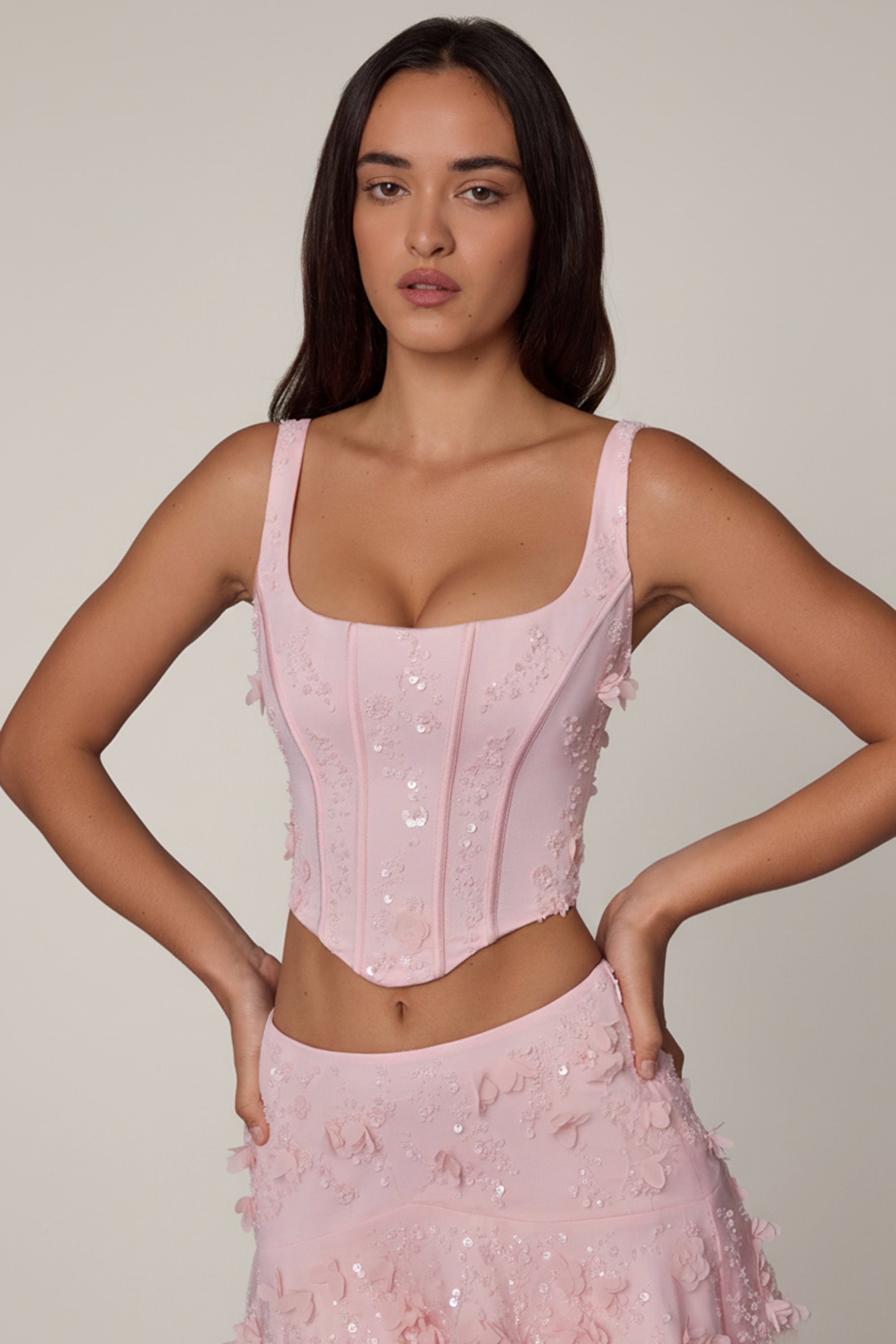 Embellished Lace-Up Corset Top in Soft Pink