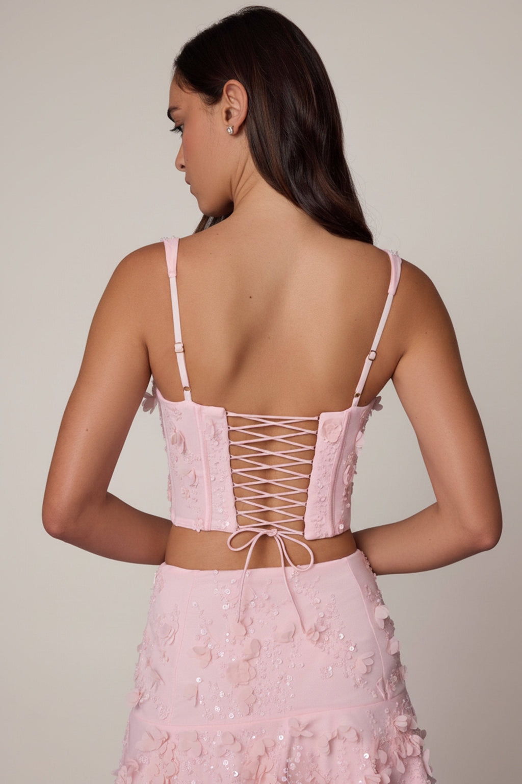 Embellished Lace-Up Corset Top in Soft Pink