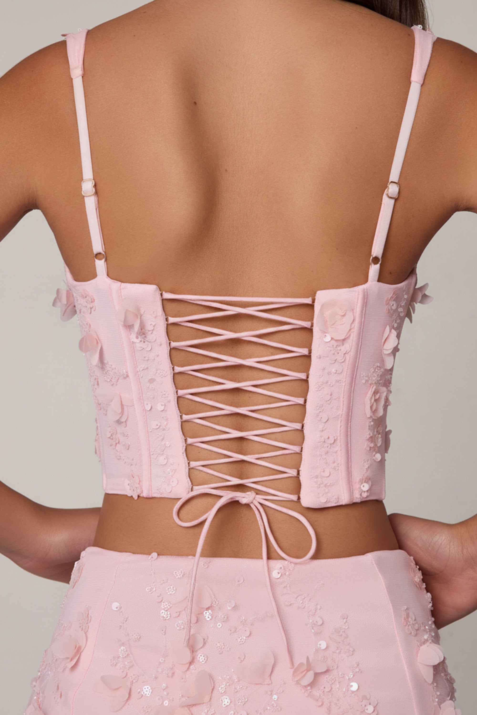Embellished Lace-Up Corset Top in Soft Pink