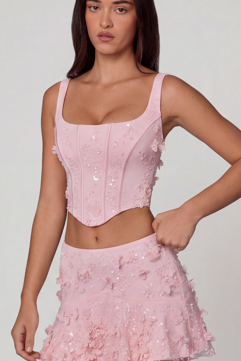 Embellished Lace-Up Corset Top in Soft Pink