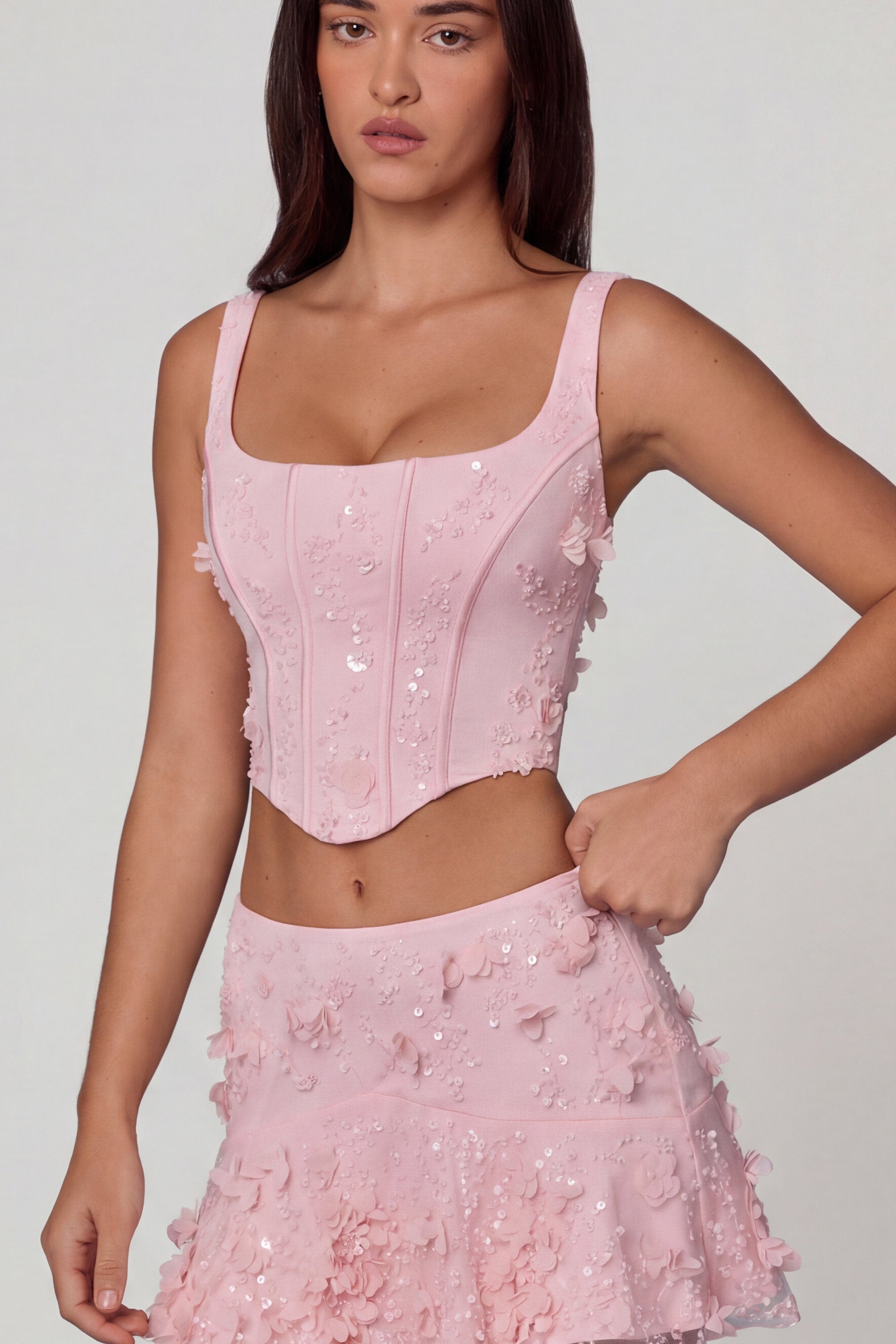 Embellished Lace-Up Corset Top in Soft Pink