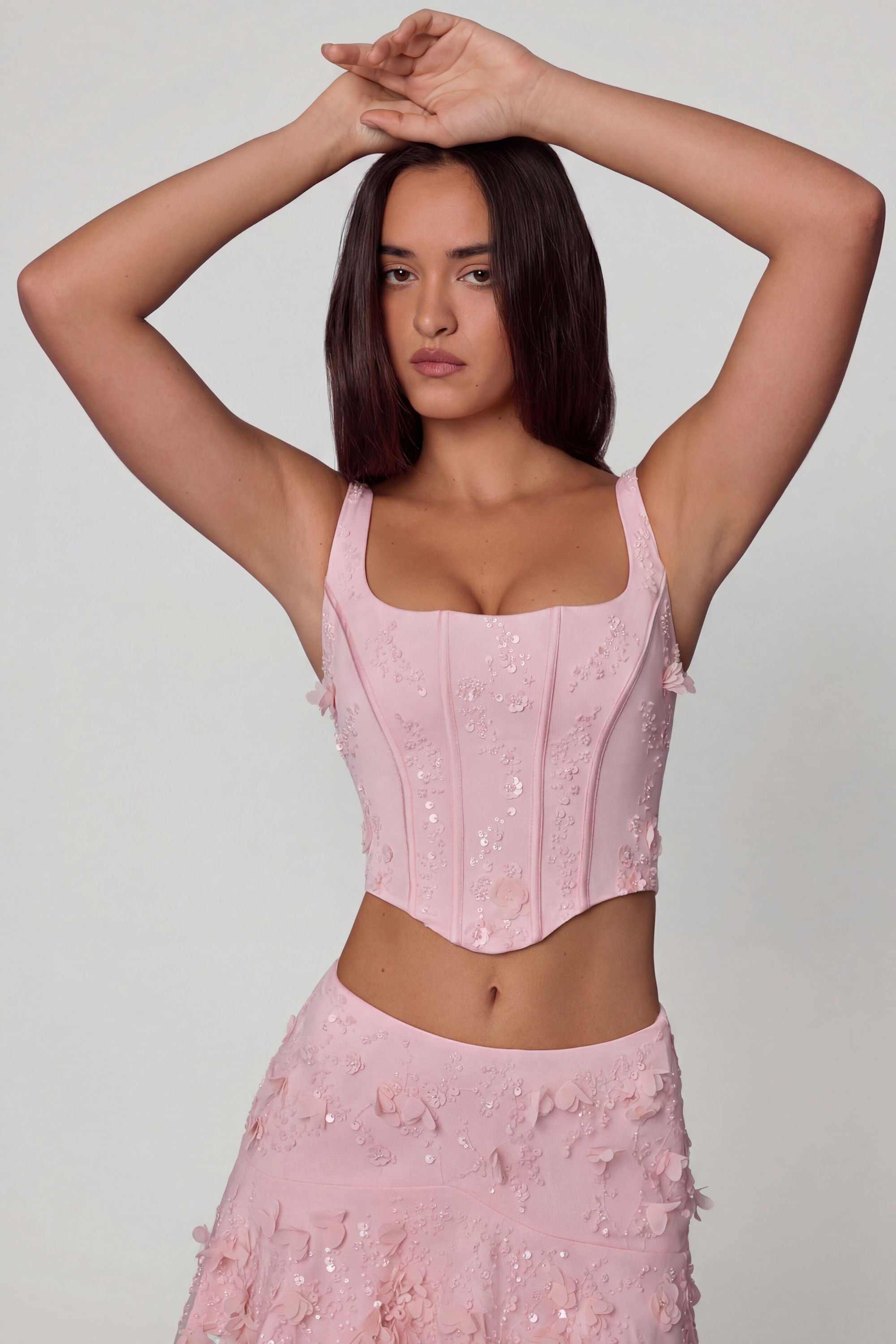 Embellished Lace-Up Corset Top in Soft Pink