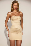 Satin Scalloped-Bandeau Ruched Mini Dress in Champagne