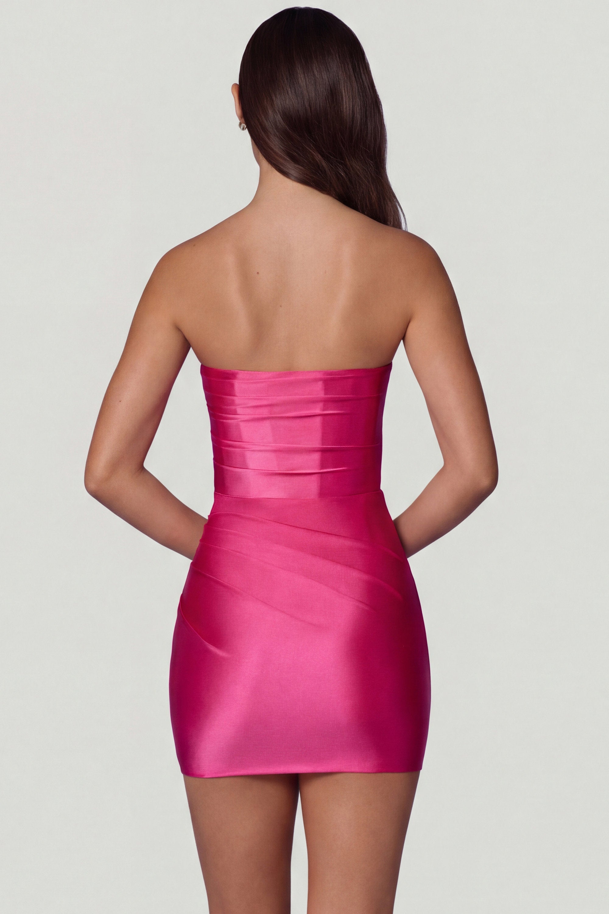 Ruched Bandeau Mini Dress in Hot Pink
