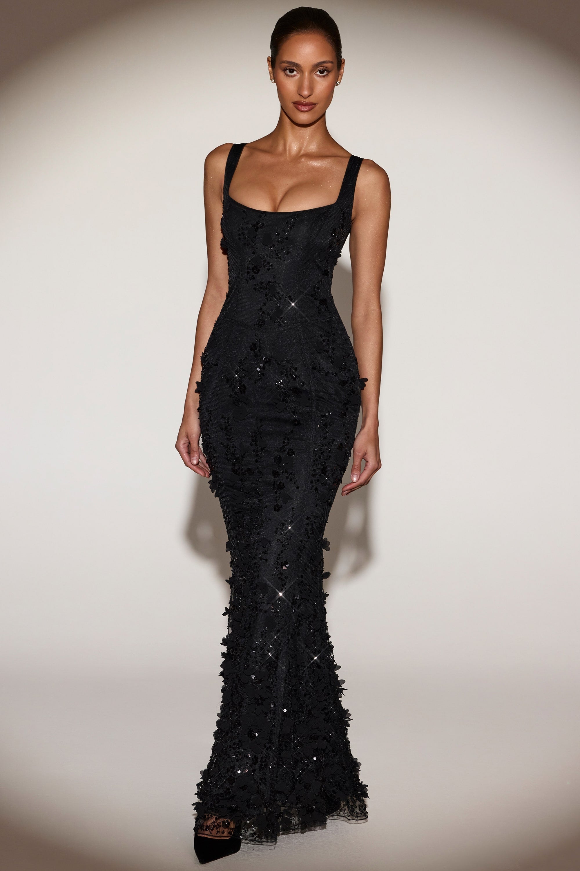 Embellished Appliqué Soft-Scoop Corset Gown in Black