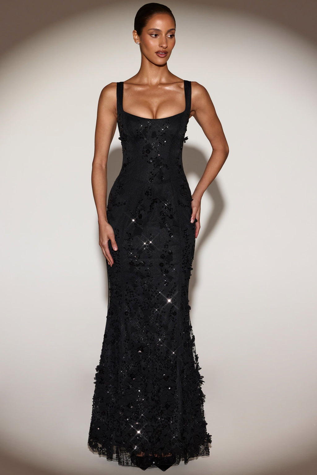 Embellished Appliqué Soft-Scoop Corset Gown in Black
