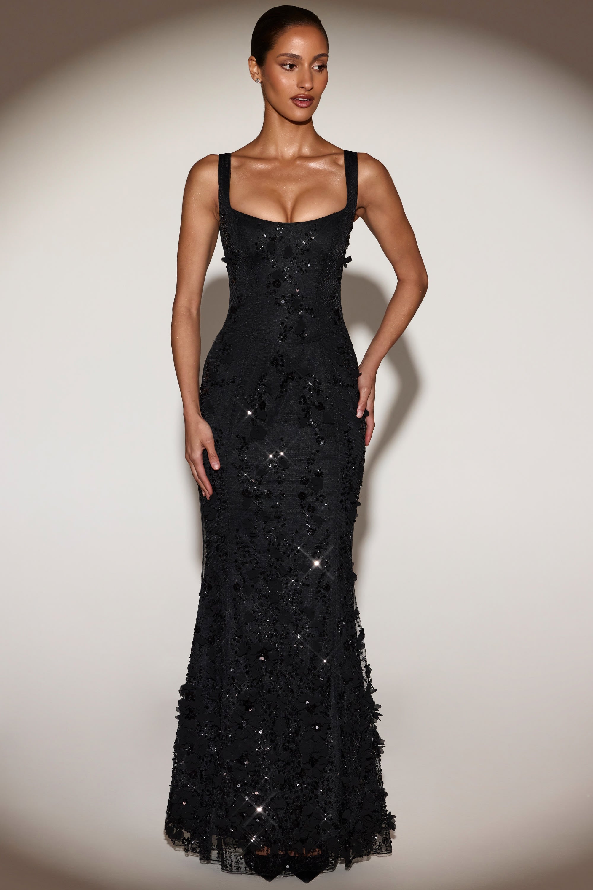 Embellished Appliqué Soft-Scoop Corset Gown in Black