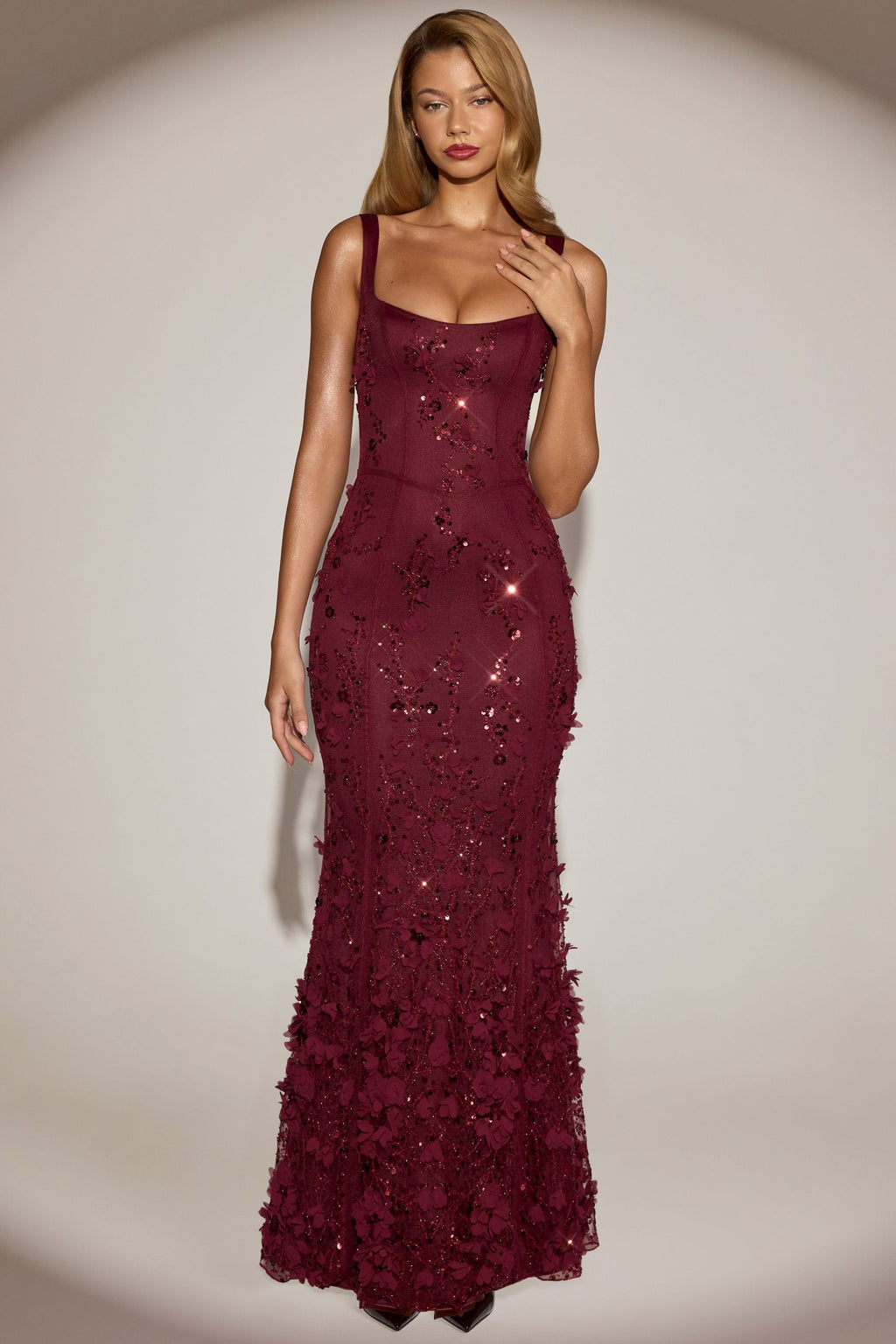 Embellished Appliqué Soft-Scoop Corset Gown in Wine Red