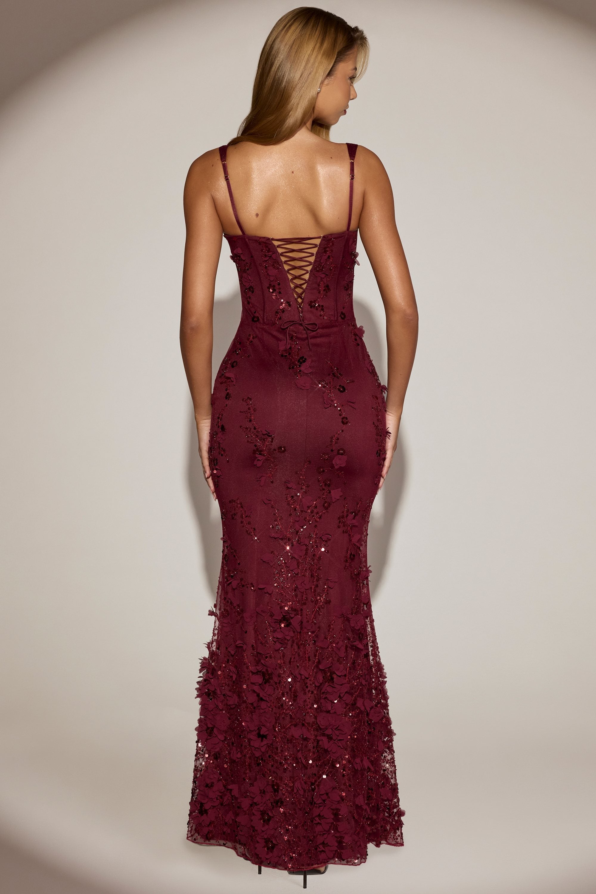 Embellished Appliqué Soft-Scoop Corset Gown in Wine Red