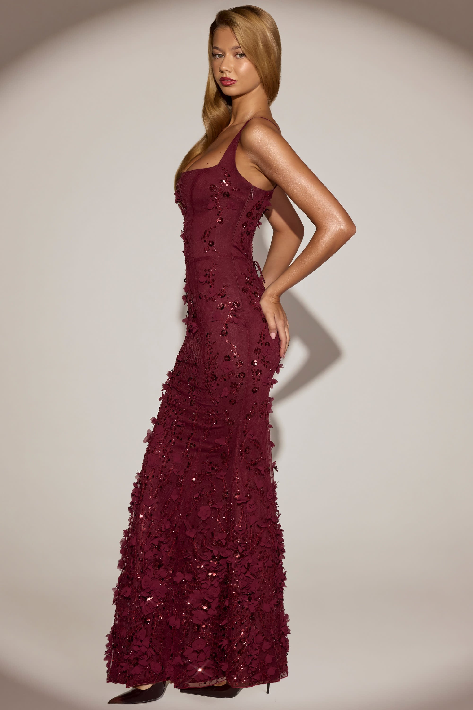 Embellished Appliqué Soft-Scoop Corset Gown in Wine Red