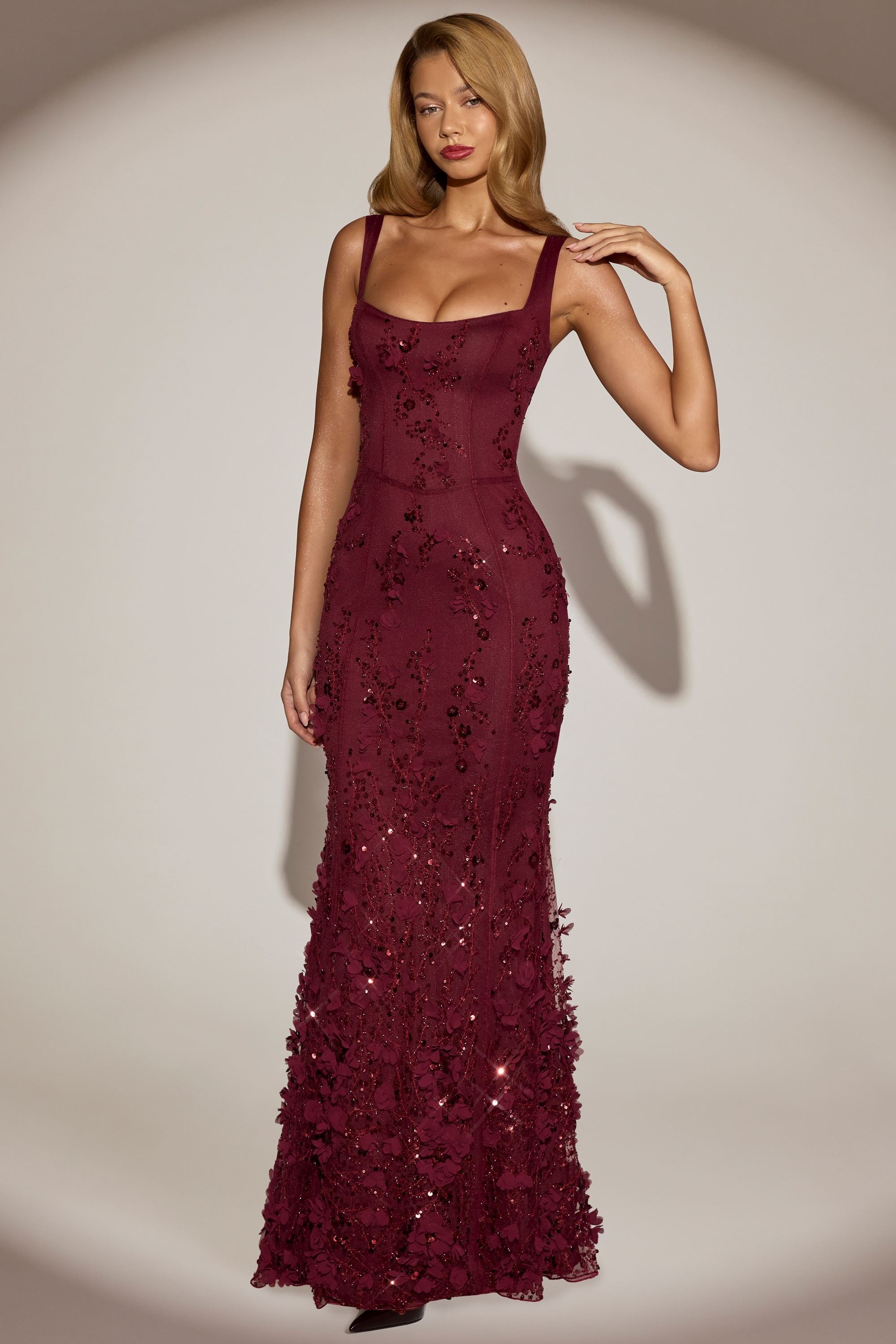 Embellished Appliqué Soft-Scoop Corset Gown in Wine Red