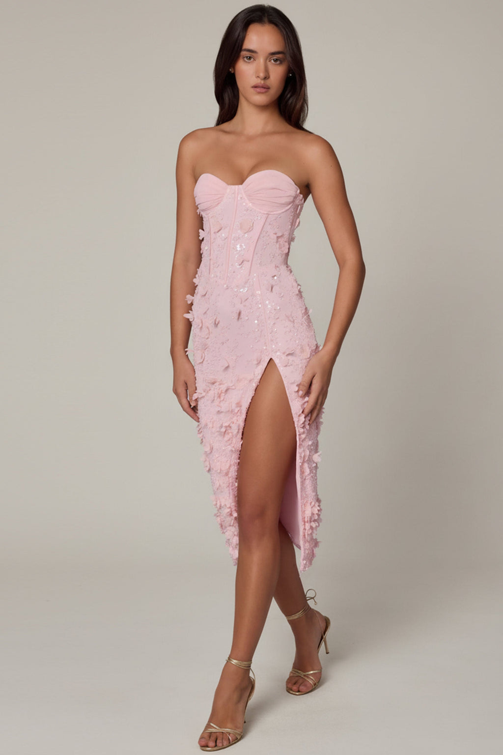 Lace-Up Corset Midaxi Dress with Split in Soft Pink