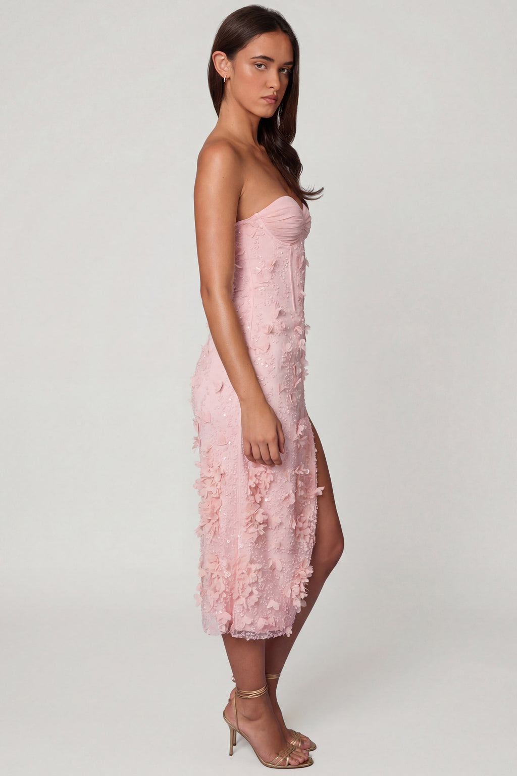 Lace-Up Corset Midaxi Dress with Split in Soft Pink