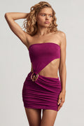 Textured Jersey Asymmetric Mini Dress in Berry Purple