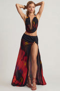 Mid-Rise Split Maxi Skirt in Red Blurred Print
