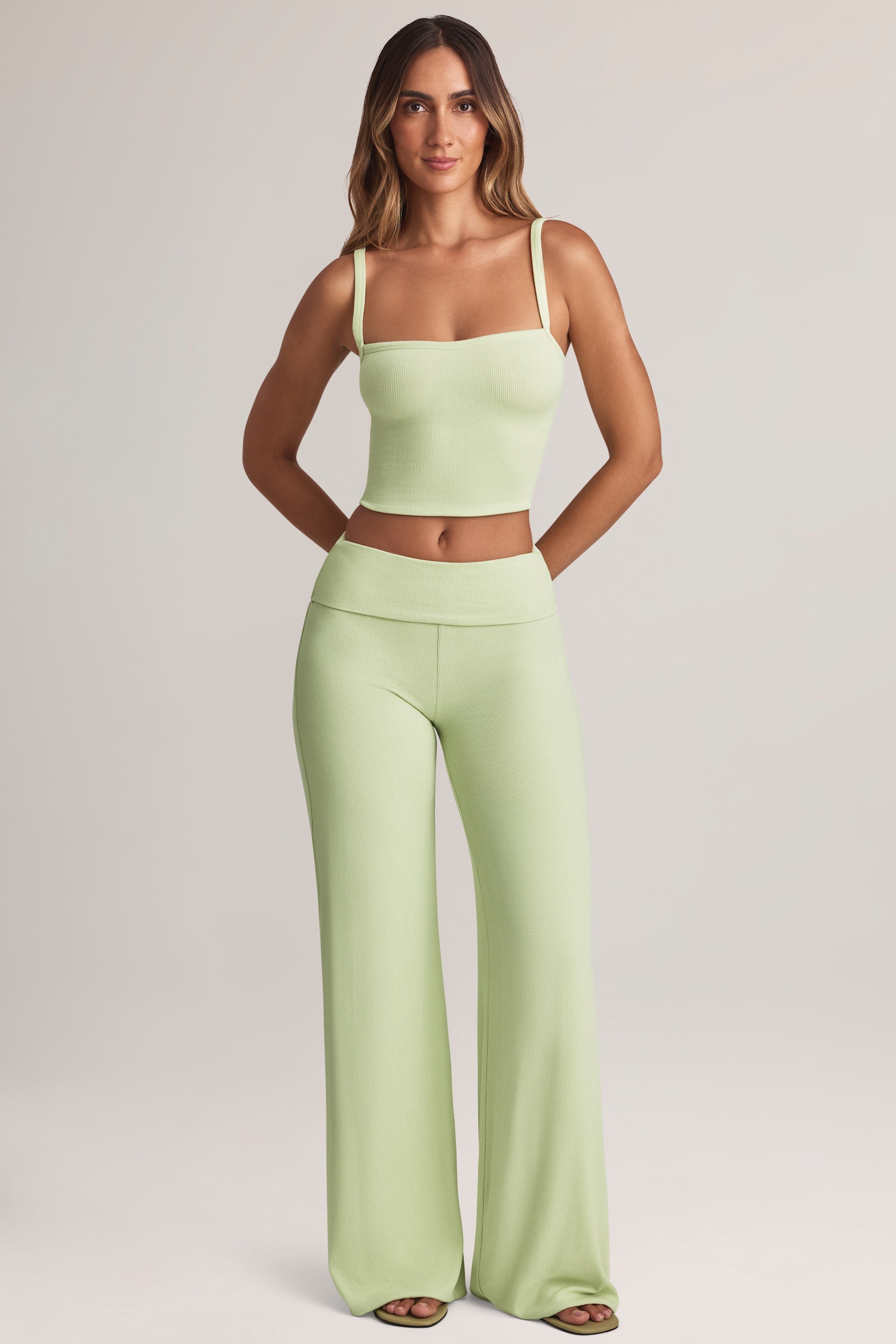 Modal Foldover Wide-Leg Trousers in Sage Green