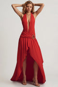 Asymmetric Halterneck Maxi Dress in Chilli Red