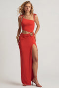 Textured Jersey Asymmetric Maxi Dress in Chilli Red