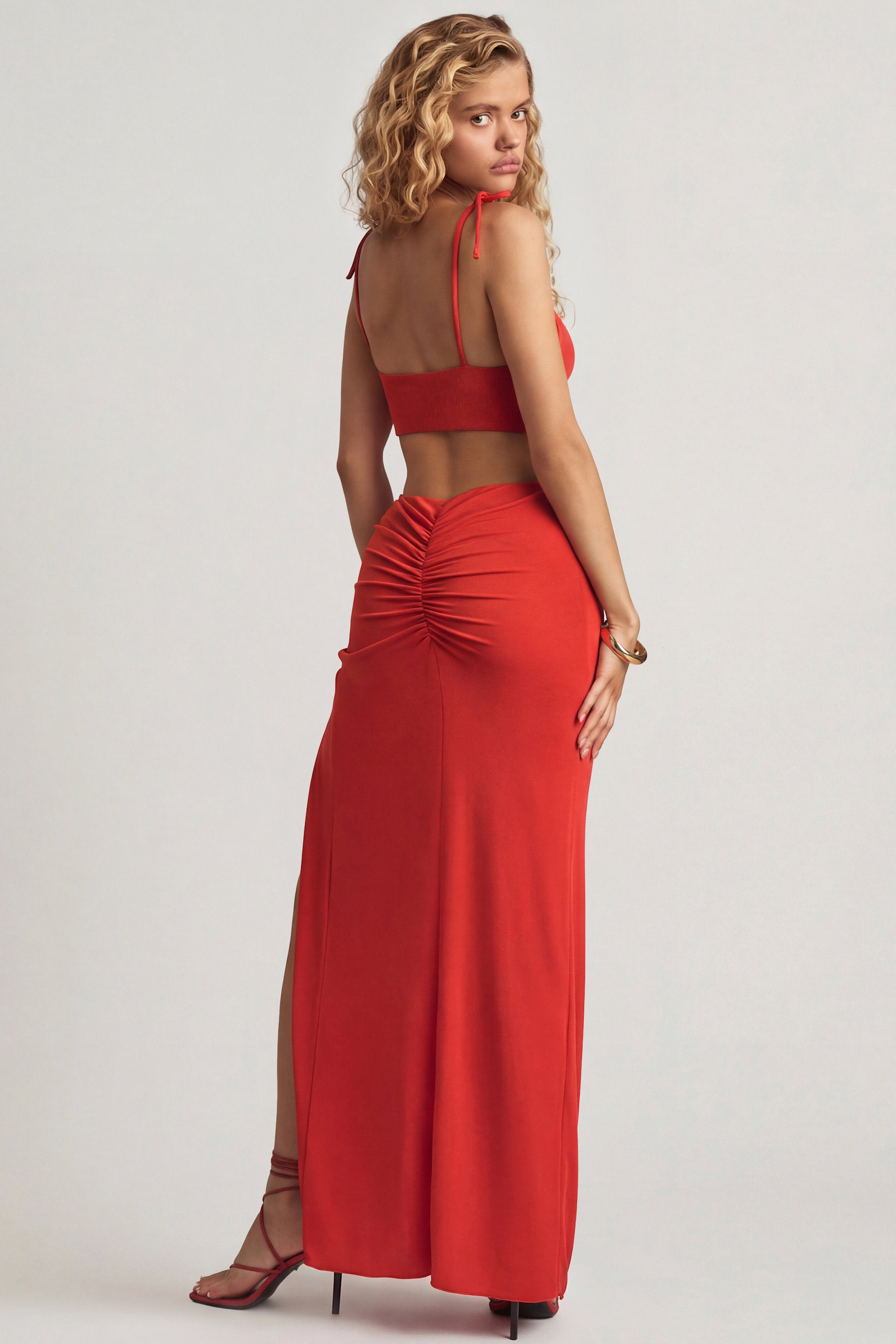 Textured Jersey Asymmetric Maxi Dress in Chilli Red