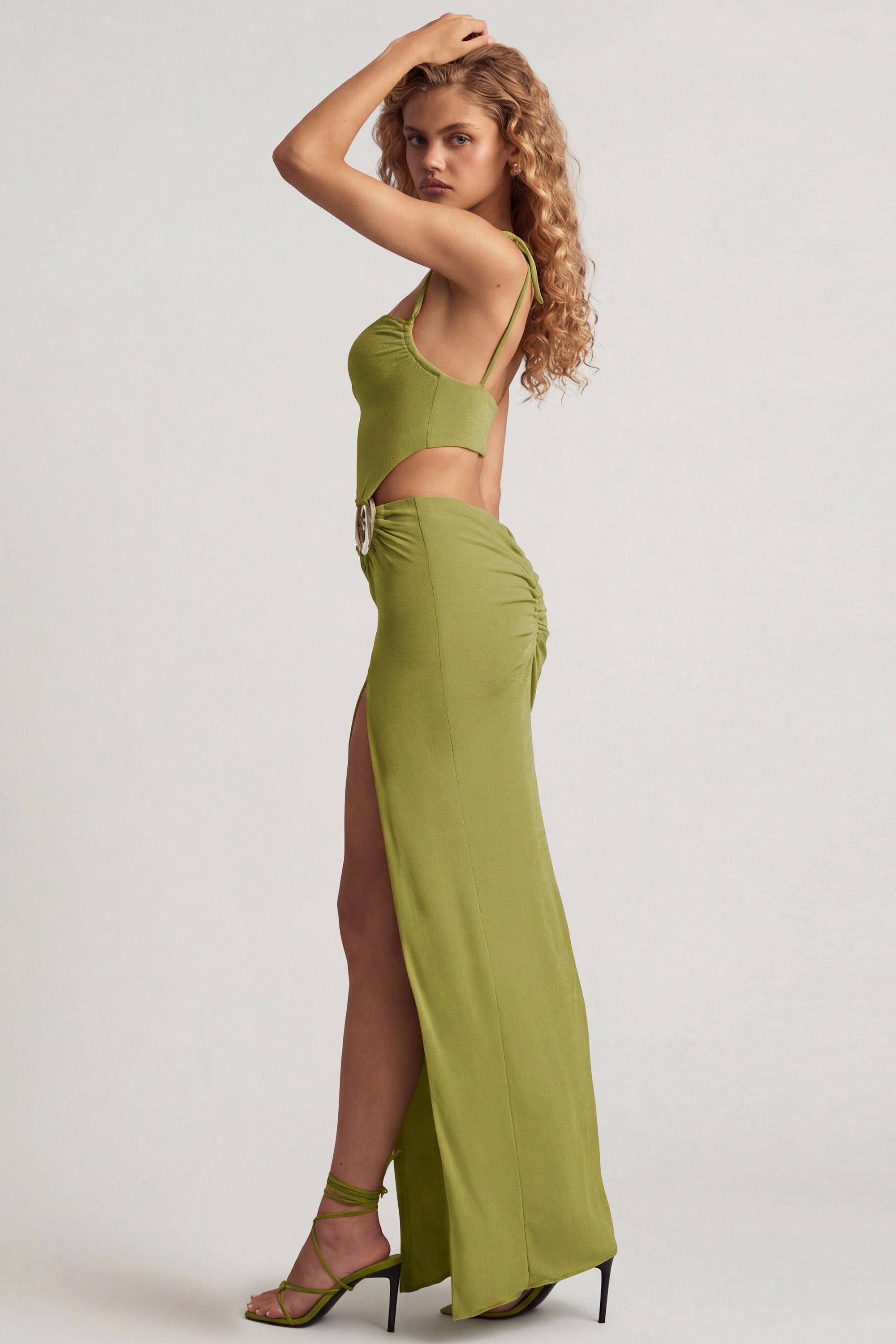 Textured Jersey Asymmetric Maxi Dress in Olive Green