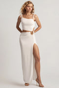 Textured Jersey Asymmetric Maxi Dress in White