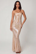 Embellished Square Neck Lace Gown in Pale Peach