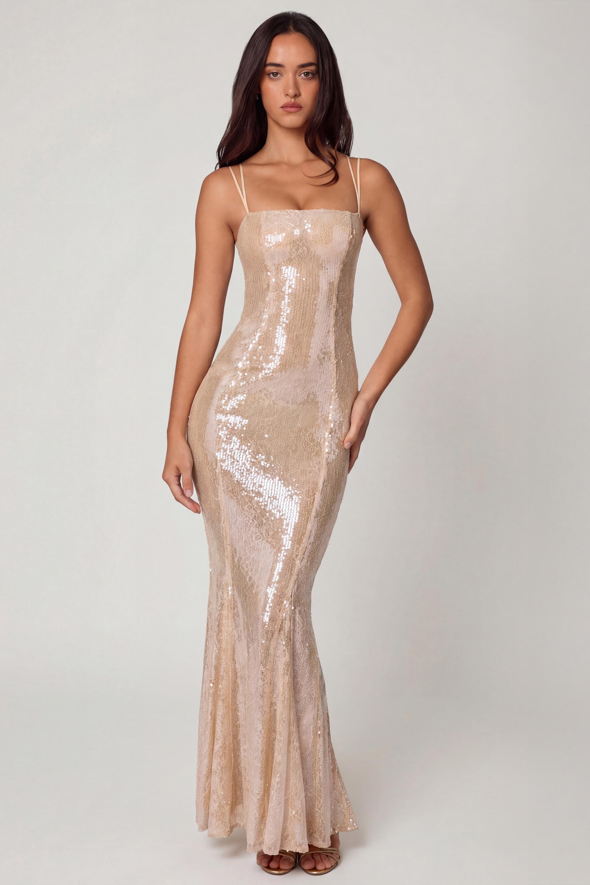 Embellished Square Neck Lace Gown in Pale Peach