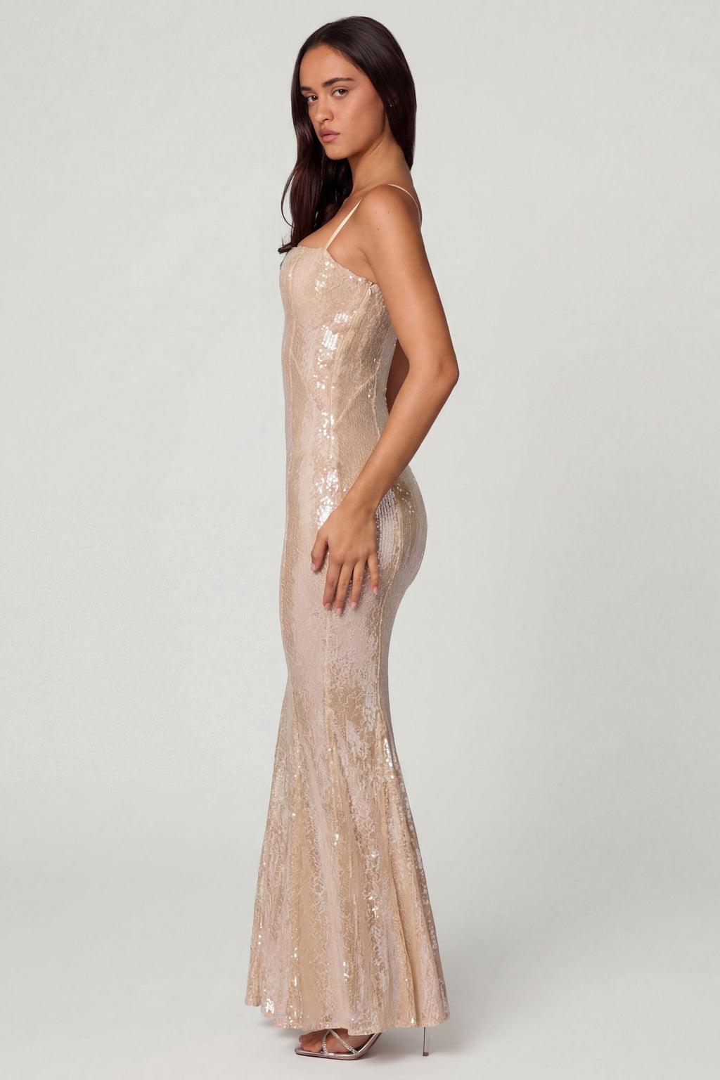 Embellished Square Neck Lace Gown in Pale Peach