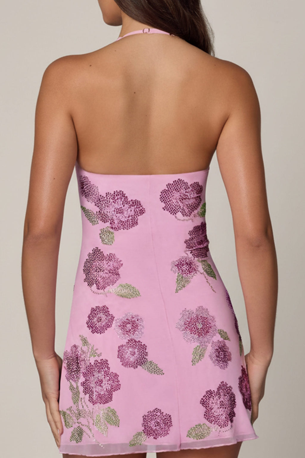 Embellished Halterneck Mini Dress in Soft Pink