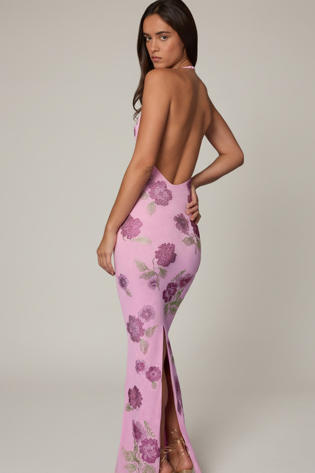 Embellished Halterneck Maxi Dress in Soft Pink