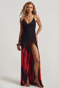 Open-Back Maxi Dress in Red Blurred Print