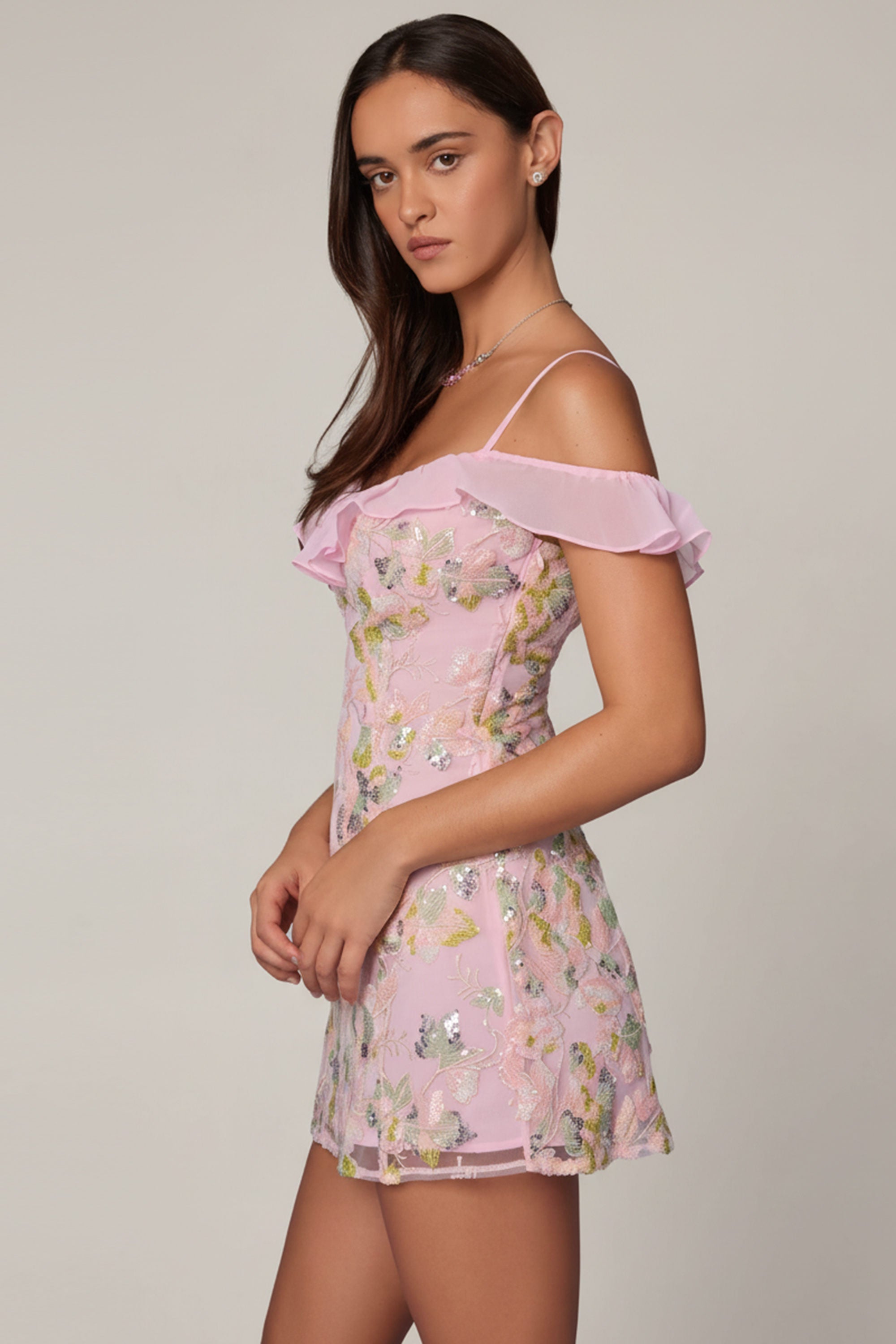 Embellished Lace-Up A-Line Mini Dress in Soft Pink