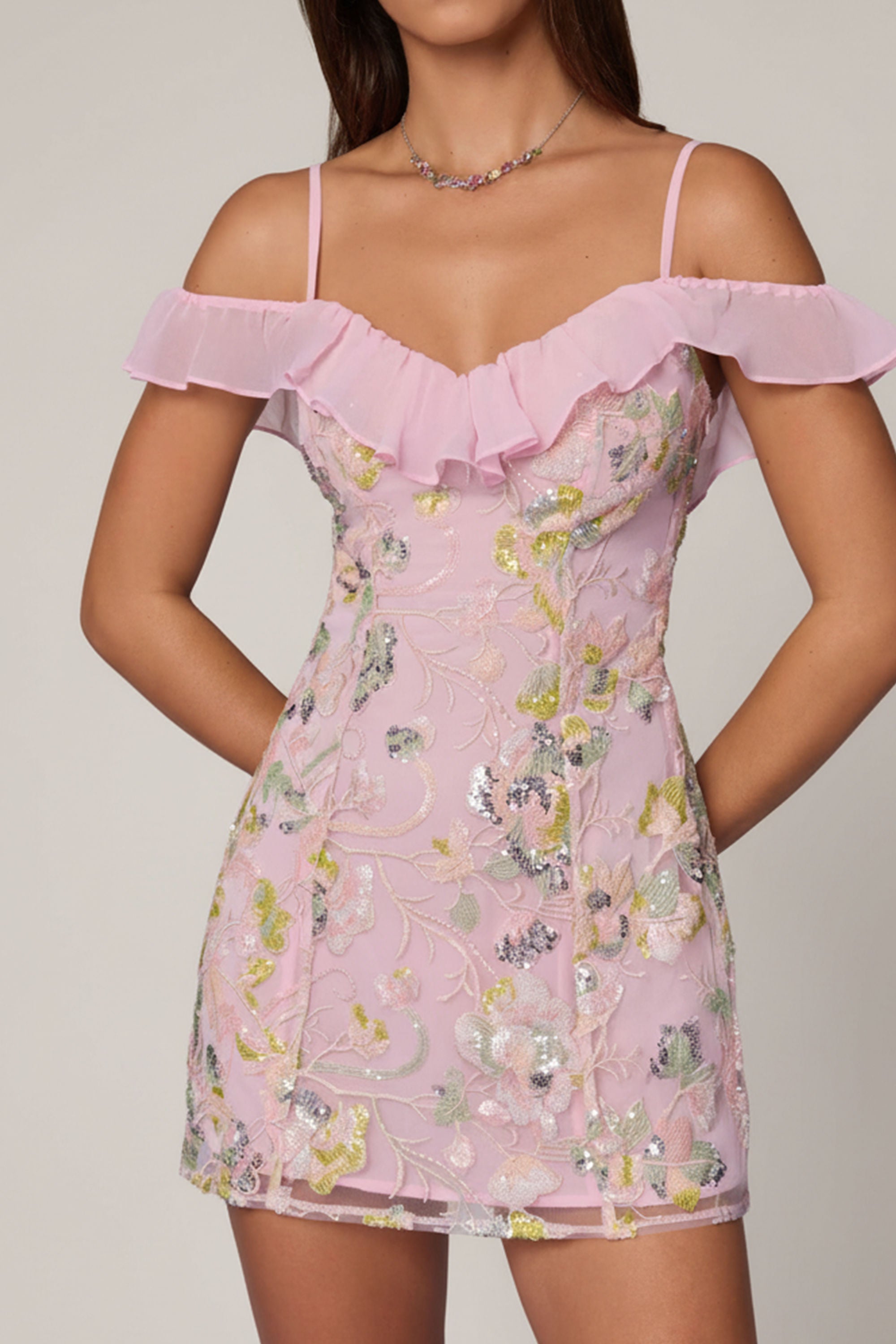 Embellished Lace-Up A-Line Mini Dress in Soft Pink