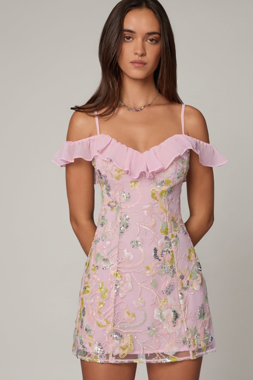 Embellished Lace-Up A-Line Mini Dress in Soft Pink