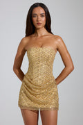Embellished Bandeau A-Line Mini Dress in Gold