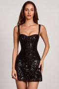 Embellished Peekaboo Corset A-Line Mini Dress in Black Zebra