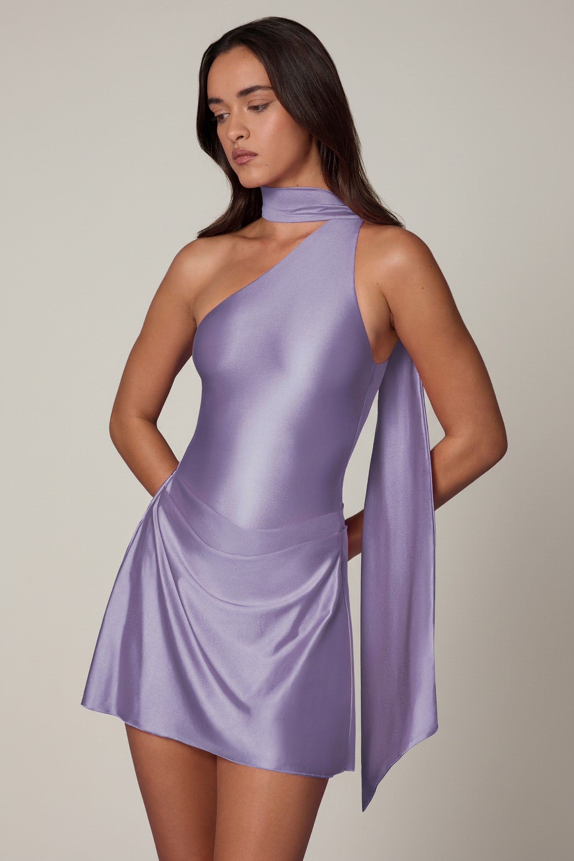 Asymmetric Scarf-Detail Mini Dress in Lilac