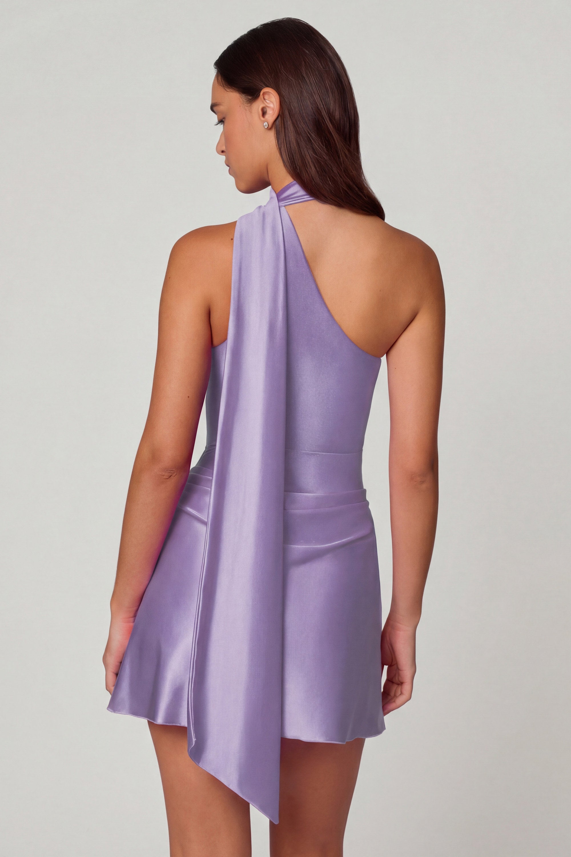 Asymmetric Scarf-Detail Mini Dress in Lilac
