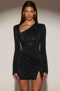 Embellished Asymmetric Bodycon Mini Dress in Black