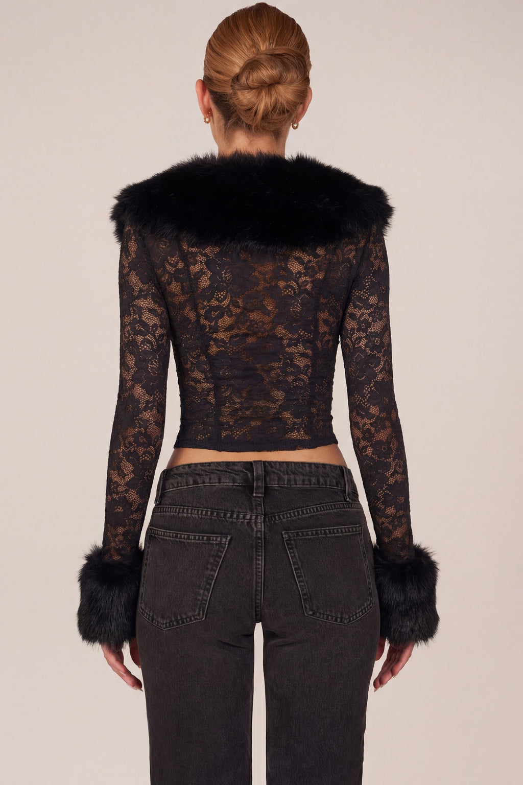 Sheer Lace Faux-Fur-Trim Cardigan in Black