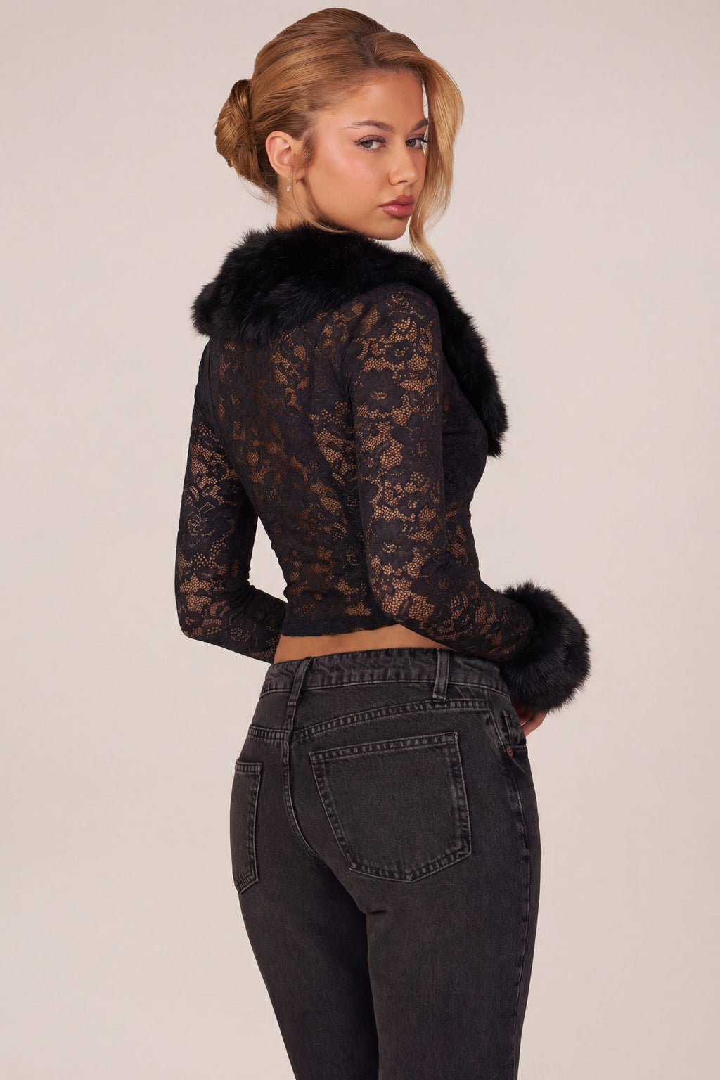 Sheer Lace Faux-Fur-Trim Cardigan in Black