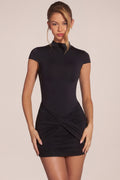 Jersey Turtleneck Ruched Backless Mini Dress in Black