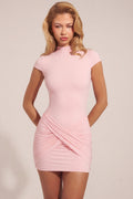Jersey Turtleneck Ruched Backless Mini Dress in Pink
