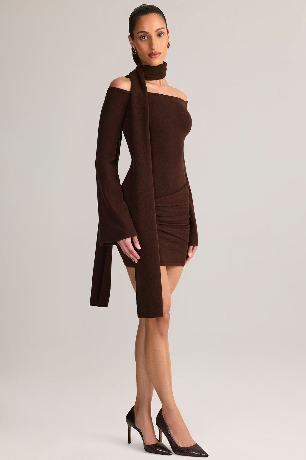 Knit Scarf-Detail Off-Shoulder Mini Dress in Chocolate Brown