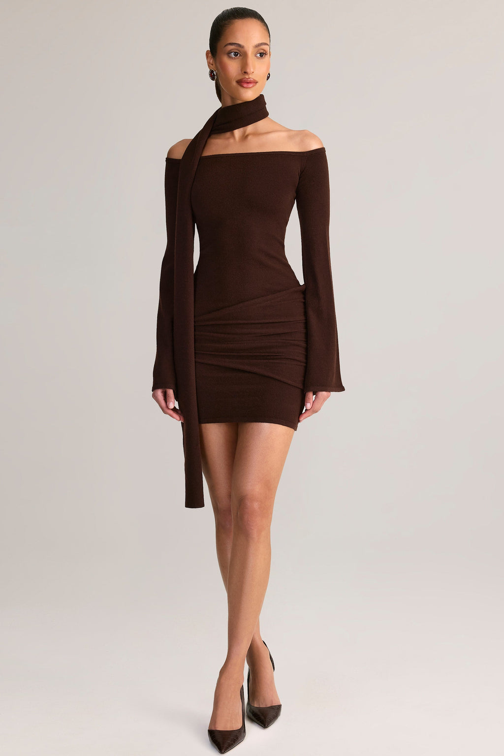 Knit Scarf-Detail Off-Shoulder Mini Dress in Chocolate Brown