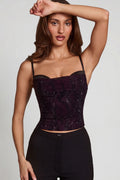 Embellished Peekaboo Cowl-Neck Top in Purple Snake