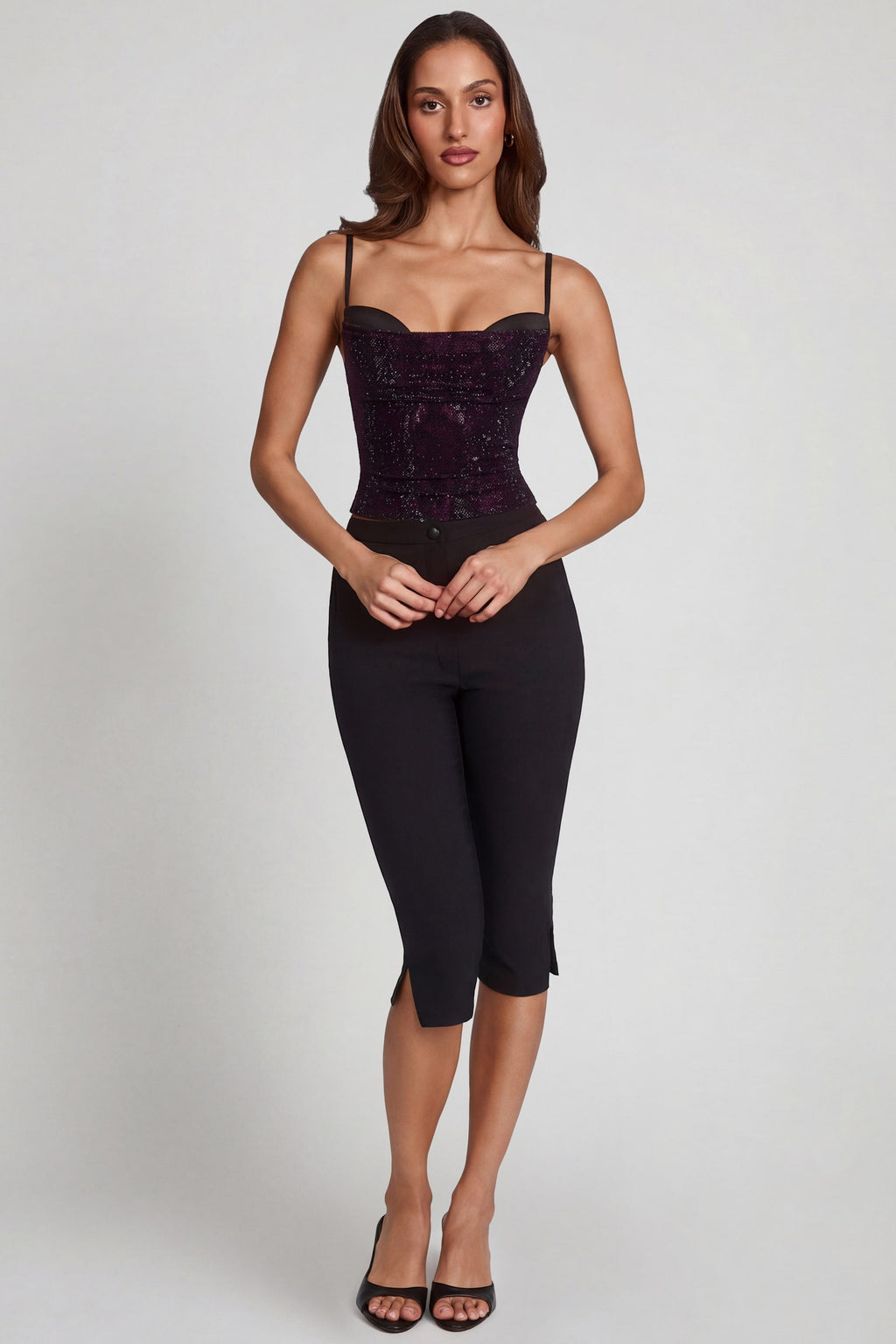 Embellished Peekaboo Cowl-Neck Top in Purple Snake