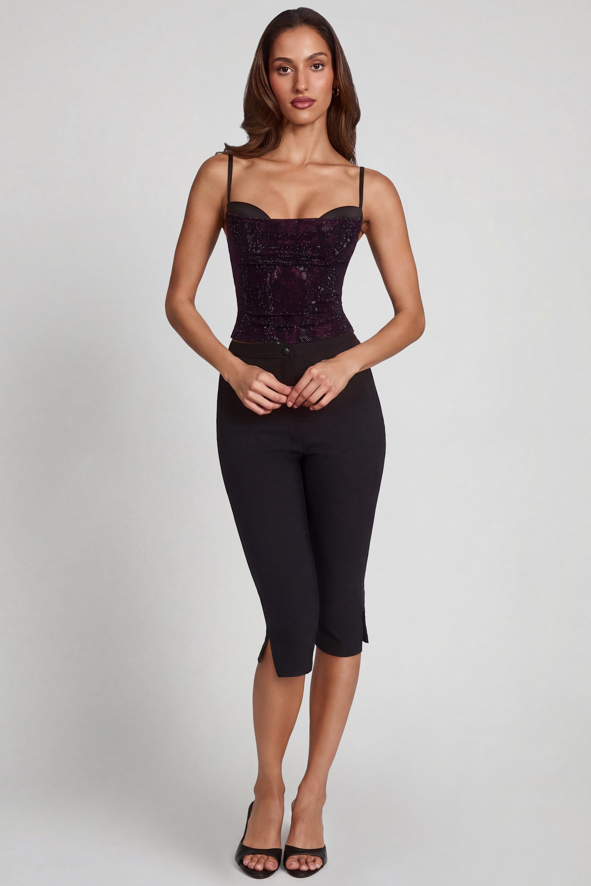 Embellished Peekaboo Cowl-Neck Top in Purple Snake