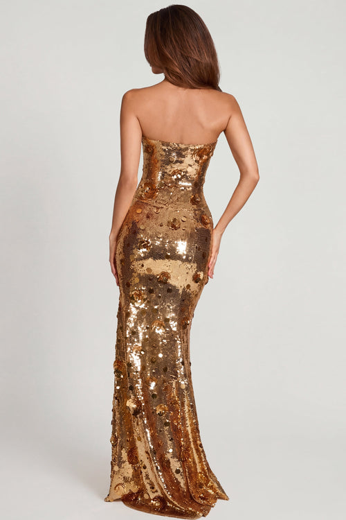 3D Embellished Bandeau Maxi Dress in Gold