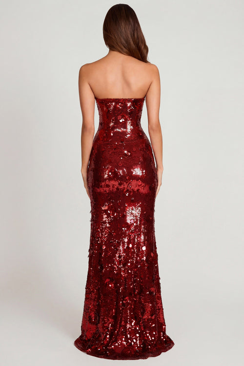 3D Embellished Bandeau Maxi Dress in Red